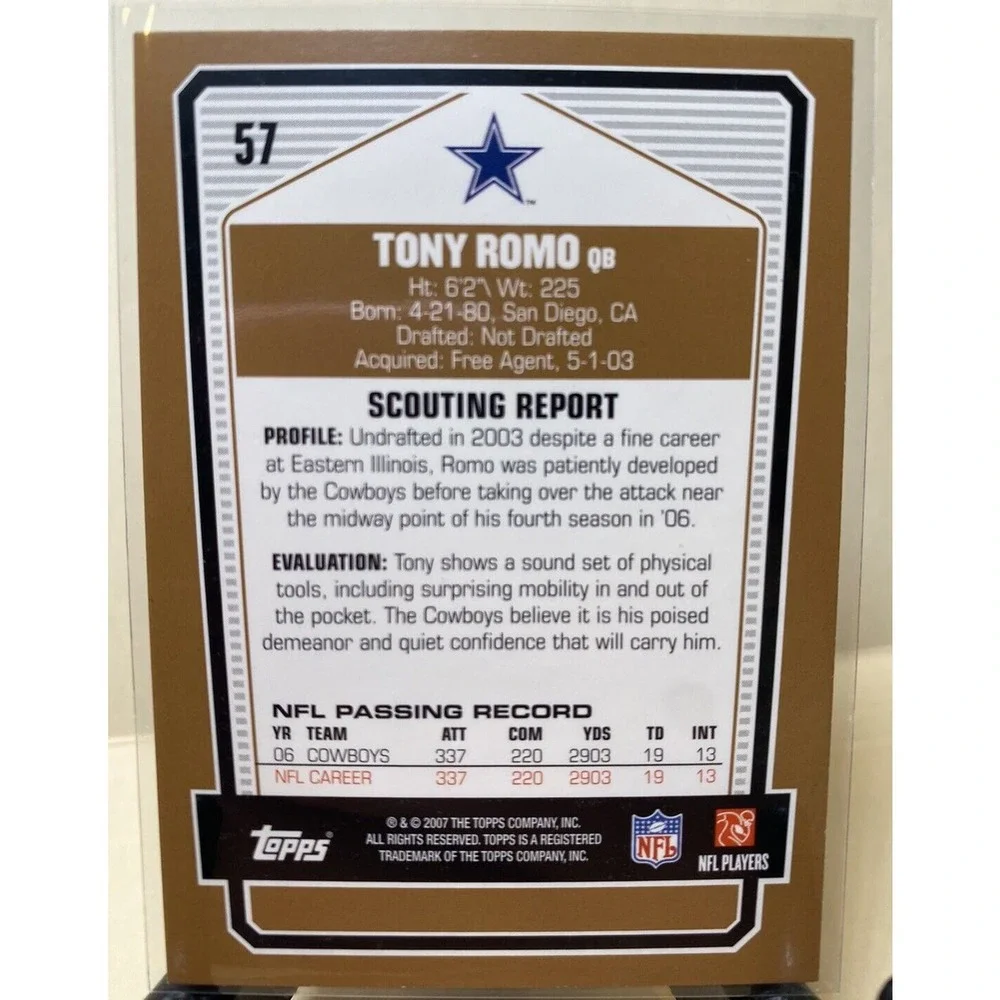 2007 Topps DPP Tony Romo NFL Football Quarterback Dallas Cowboys Trading card 57